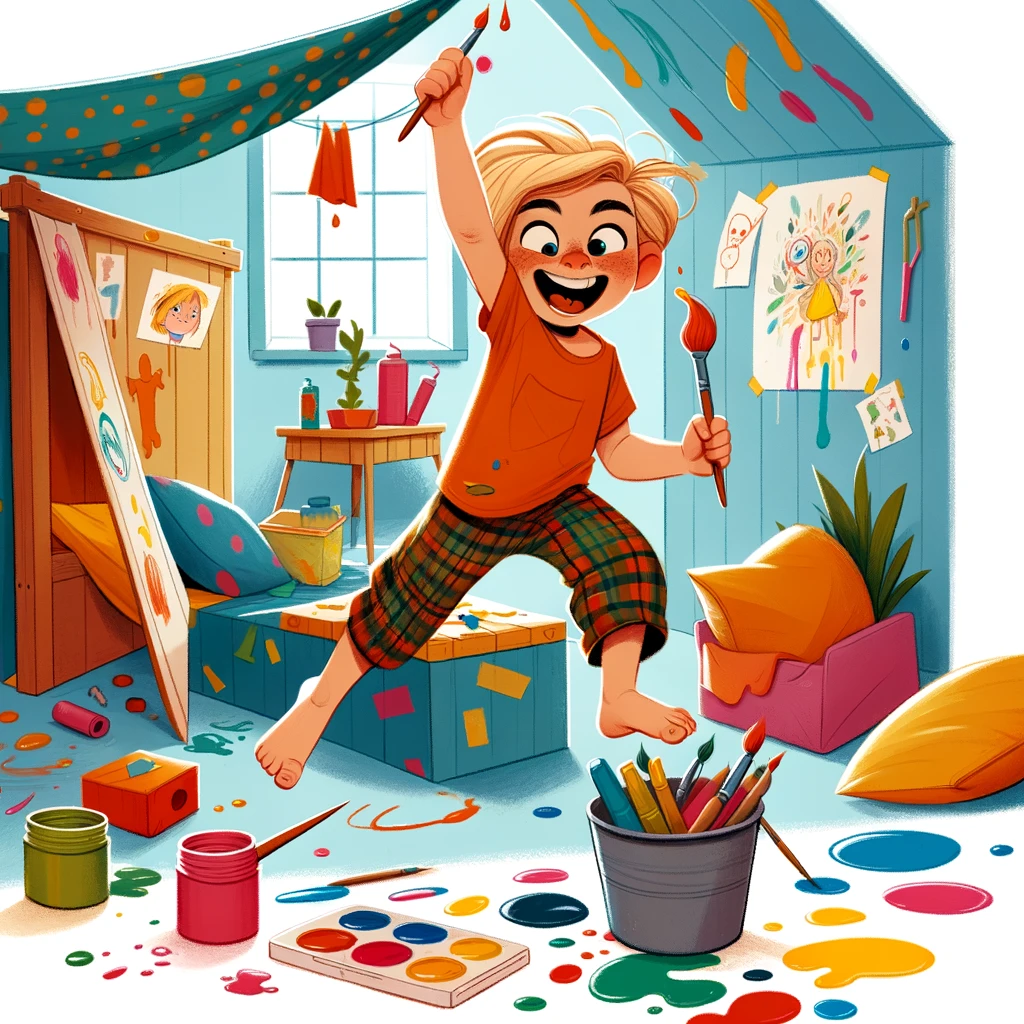 DALL·E 2024-03-17 23.30.50 - Illustrate a child acting on their own accord, capturing a moment of independence and playful defiance. The child is in a vibrant, lively setting, per.png