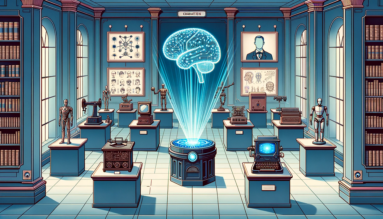 DALL·E 2023-11-01 14.18.39 - Illustration of a museum hall dedicated to the history of artificial intelligence. Vintage computers, diagrams of neural networks, and robotic arms ar.png