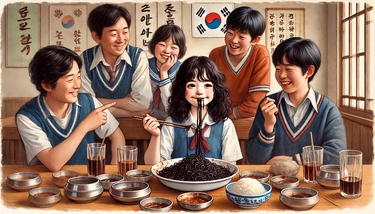 DALL·E 2025-03-22 06.01.00 - A watercolor painting set in a vintage 1970s Korean Chinese restaurant. A young Korean girl sits at the table with black bean noodle (jjajangmyeon) sa.png