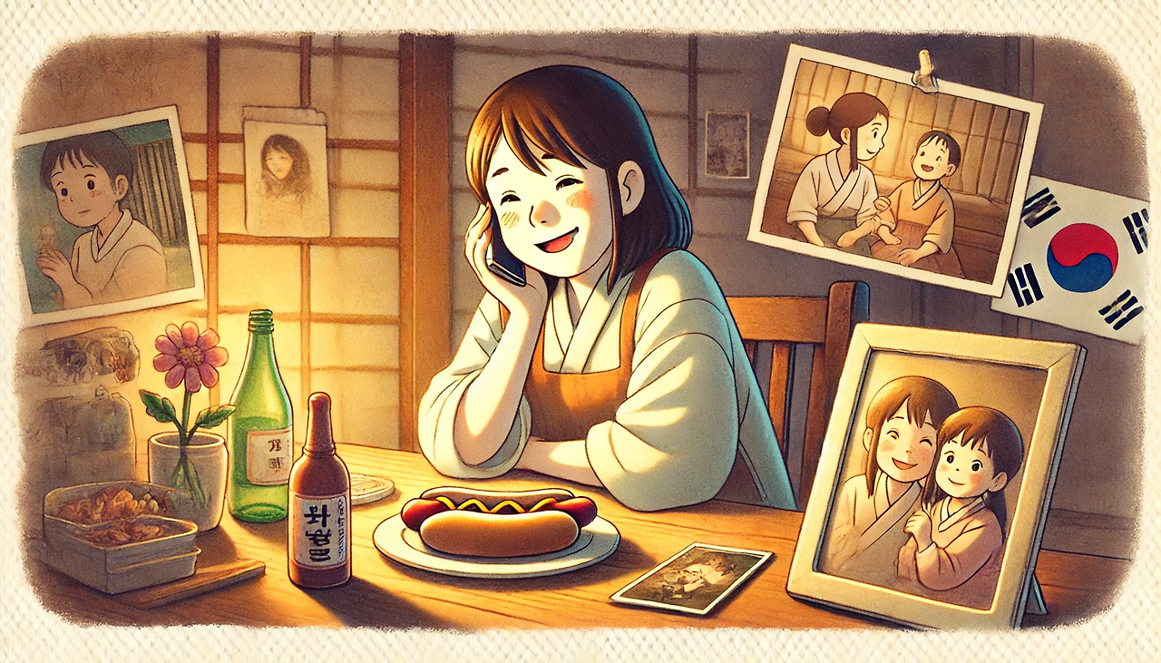 DALL·E 2025-04-08 23.18.25 - A Ghibli-style watercolor illustration of a grown woman in present-day South Korea, sitting in a cozy room in the evening. She is holding a smartphone.png