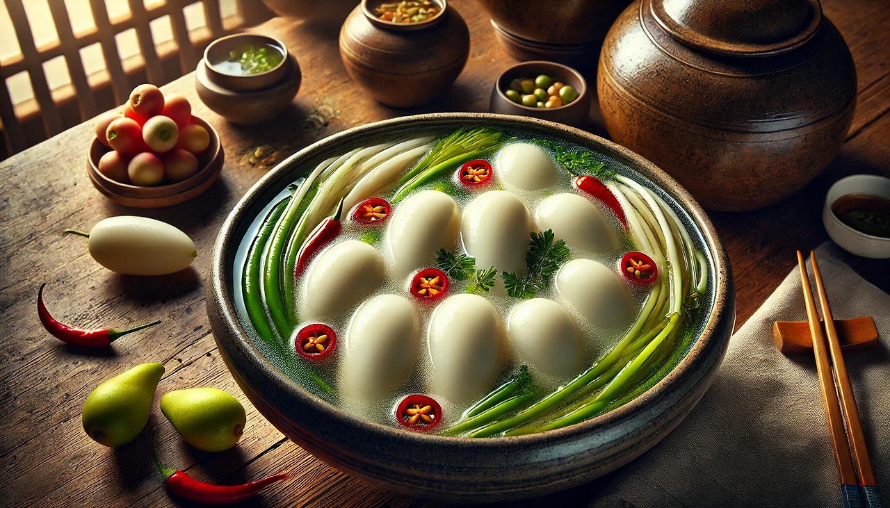 DALL·E 2025-02-04 15.26.08 - A traditional Korean Dongchimi dish in a large ceramic bowl. The dish contains large, elongated white Korean radishes with a slightly yellow-green top.png