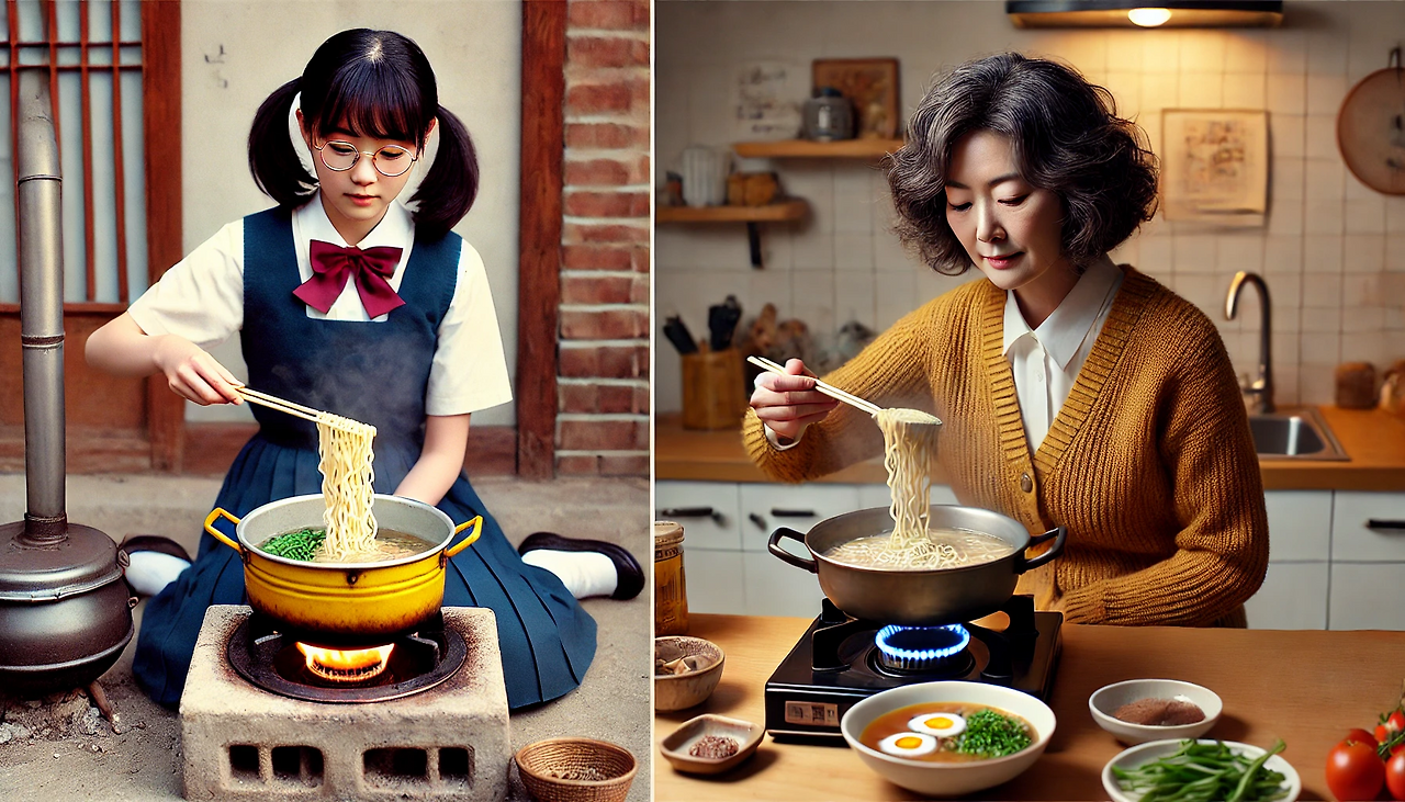 DALL·E 2025-02-04 16.02.06 - A nostalgic side-by-side scene showing a Korean high school girl in a traditional Korean school uniform (blouse and skirt) cooking ramen over a single.png
