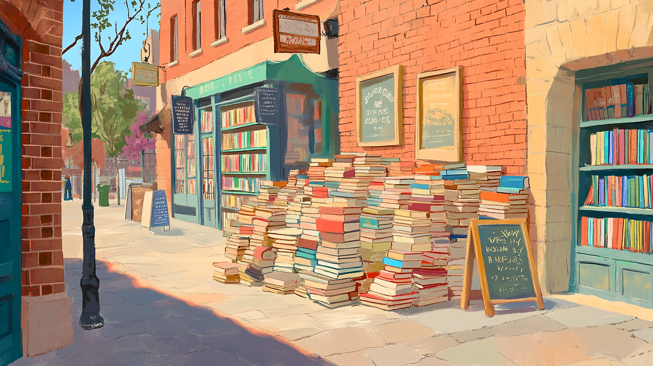 A nostalgic old bookstore alley in a vintage cartoon style.png