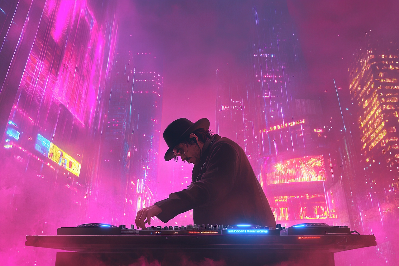 futuristic DJ performing in a neon-lit city (2).png
