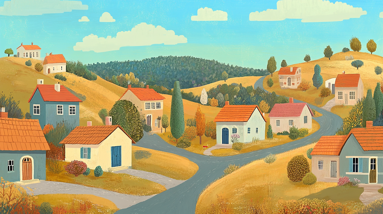 A quaint hillside village in a vintage cartoon style.png
