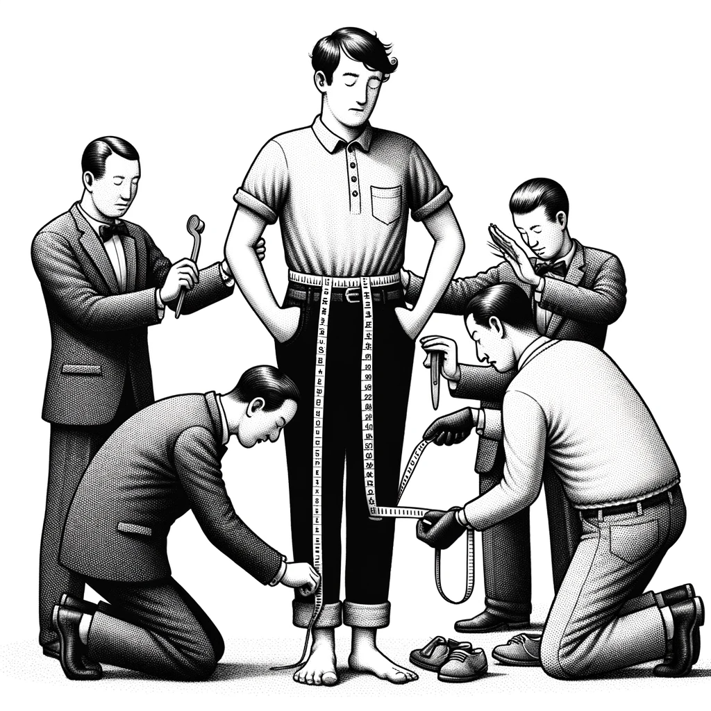 DALL·E 2023-11-23 13.30.30 - A satirical black and white illustration depicting a consumer-like man standing, surrounded by people performing various services_ measuring his foot .png