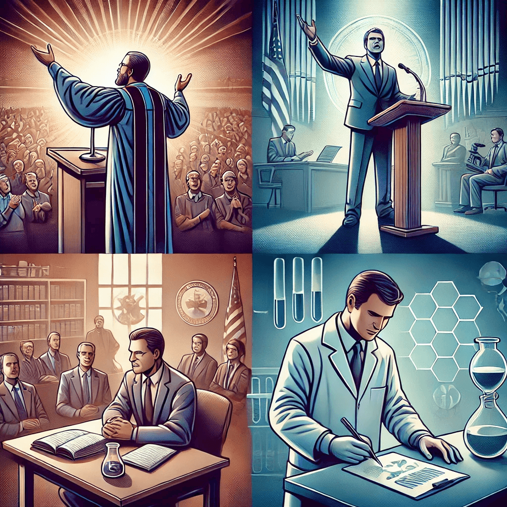 DALL·E 2025-03-21 17.16.00 - A conceptual illustration representing a preacher, a politician, a prosecutor, and a scientist. The preacher is passionately speaking from a podium, t (1).png