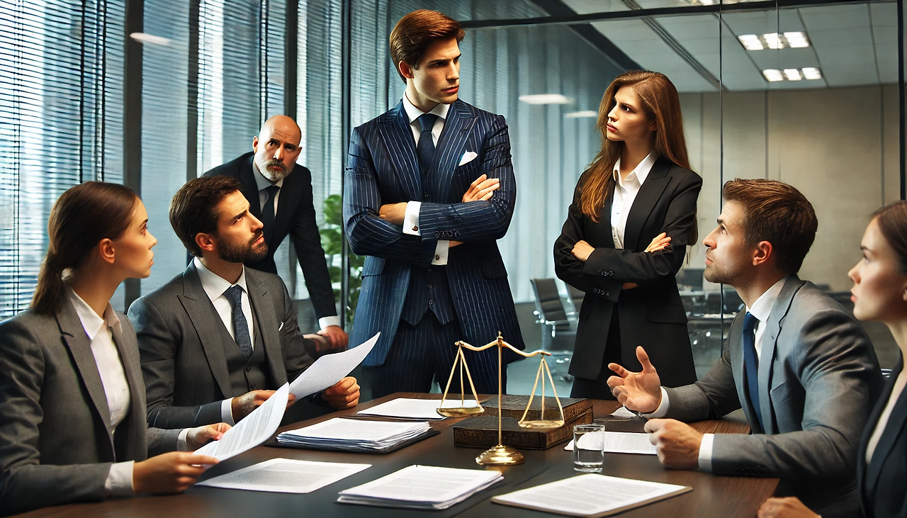 DALL·E 2025-02-18 16.46.53 - A corporate office scene showing an in-house lawyer in a tense discussion with executives from different departments. The lawyer, dressed in professio.png