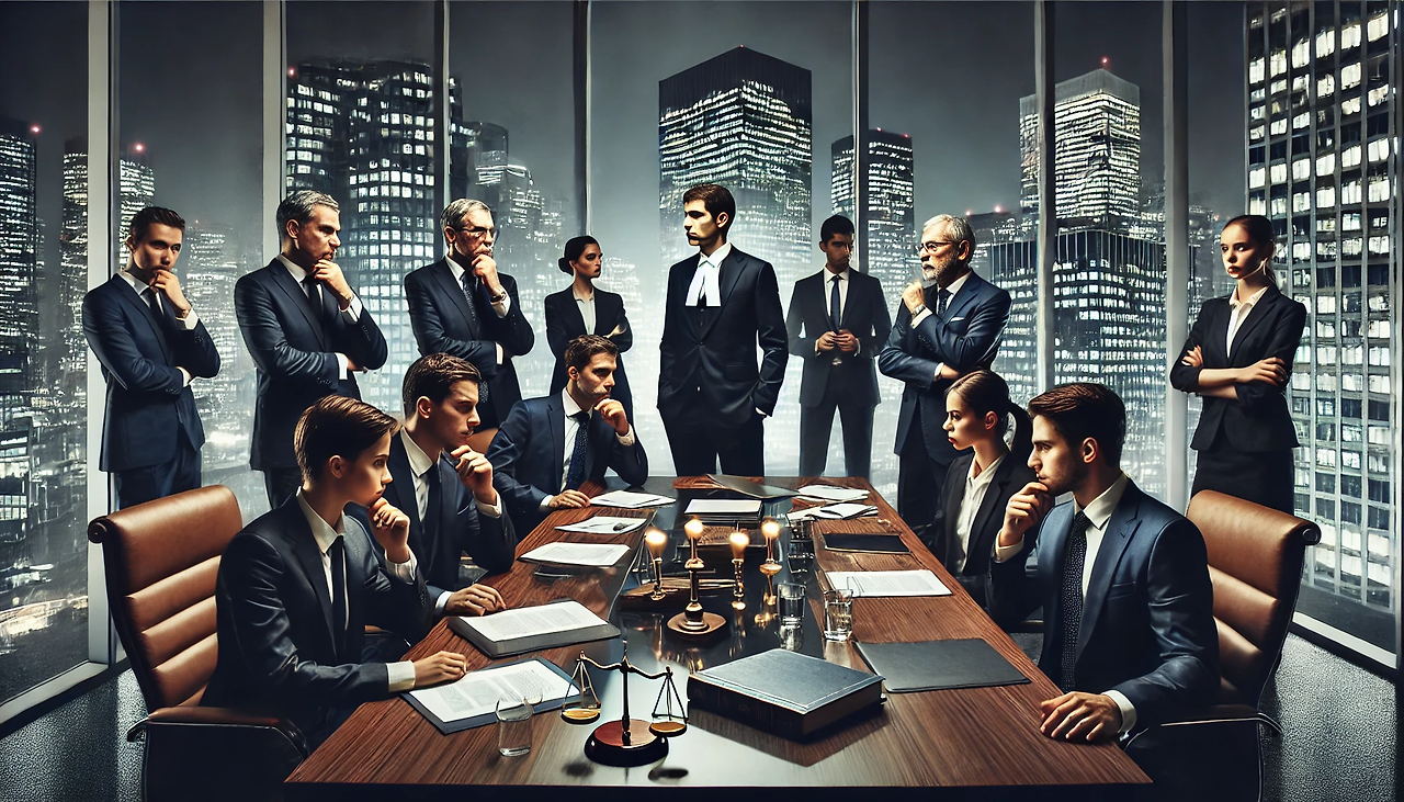 DALL·E 2025-02-19 10.24.21 - A large law firm office with a team of lawyers in formal business attire. Some lawyers are engaged in intense discussions around a conference table, w.png