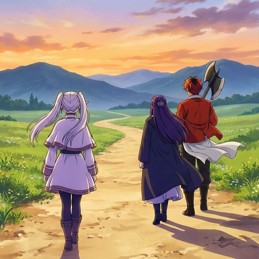 Frieren_walking_ahead_leading_on_a_dirt_countrysid-1768229812287.png