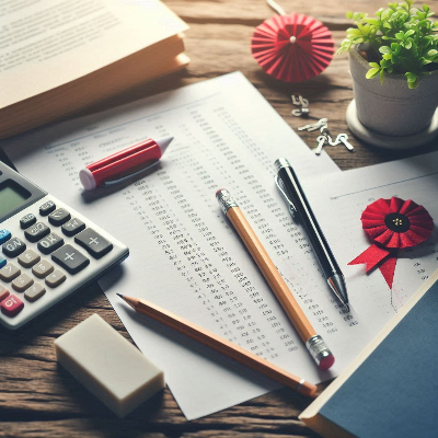 a student's desk with exam papers, pen, pencil with eraser, and a calculator.png