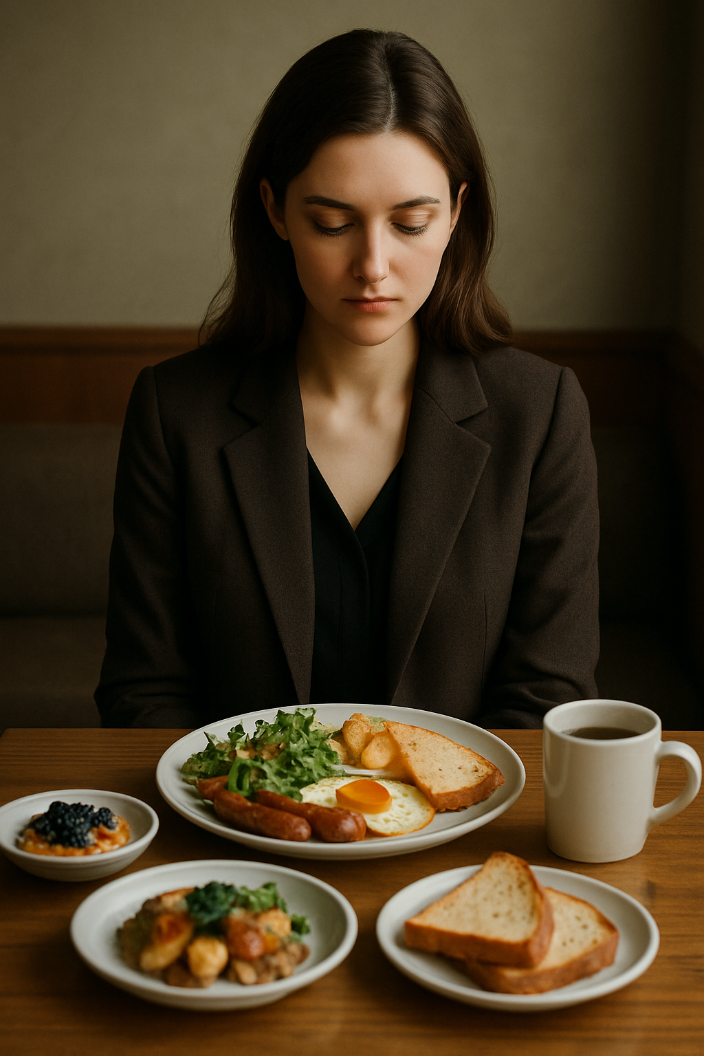 브런치와 깊은 생각에 잠긴 여성.png