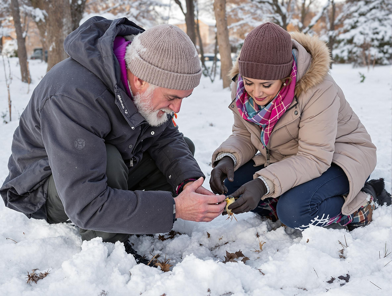땅에 떨어진 새를 돌보는 두사람.png