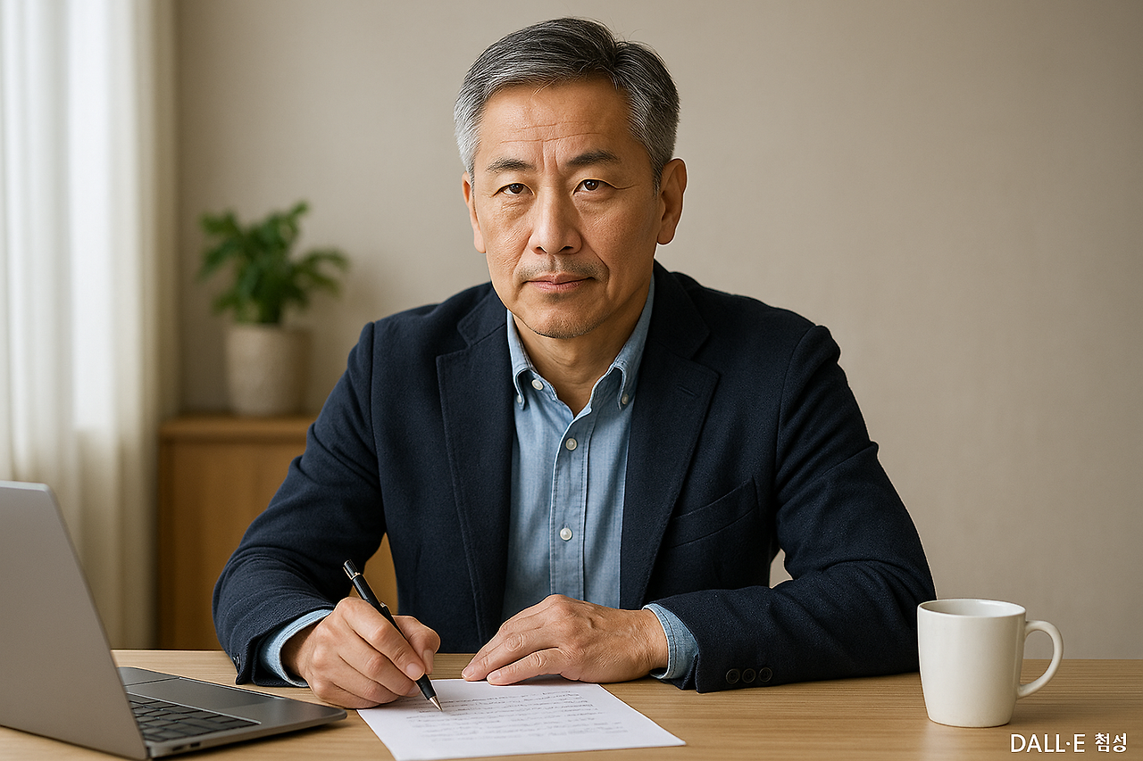 삶의 다음 단계를 진지하게 설계하는 중년 남성의 집중된 모습.png