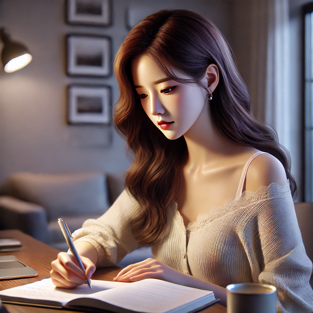 DALL·E 2024-09-20 17.42.08 - A hyper-realistic image of a beautiful Korean woman, resembling the woman in the previous image (file-3ogFsW7bpSidBzHqqIfcNqRE), sitting at a desk in .png