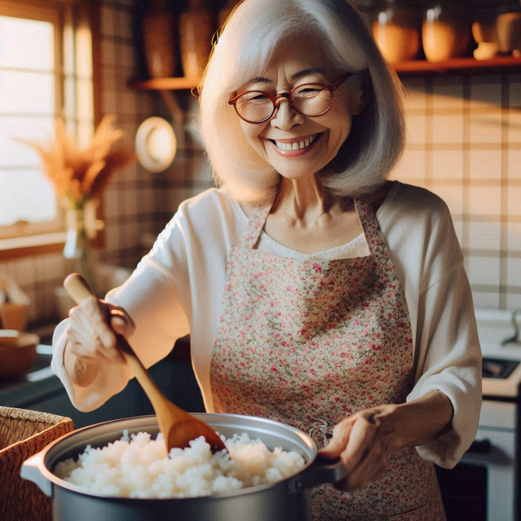 할머니가 밥을 다 들어내고 누룽지를 퍼는 모습.png