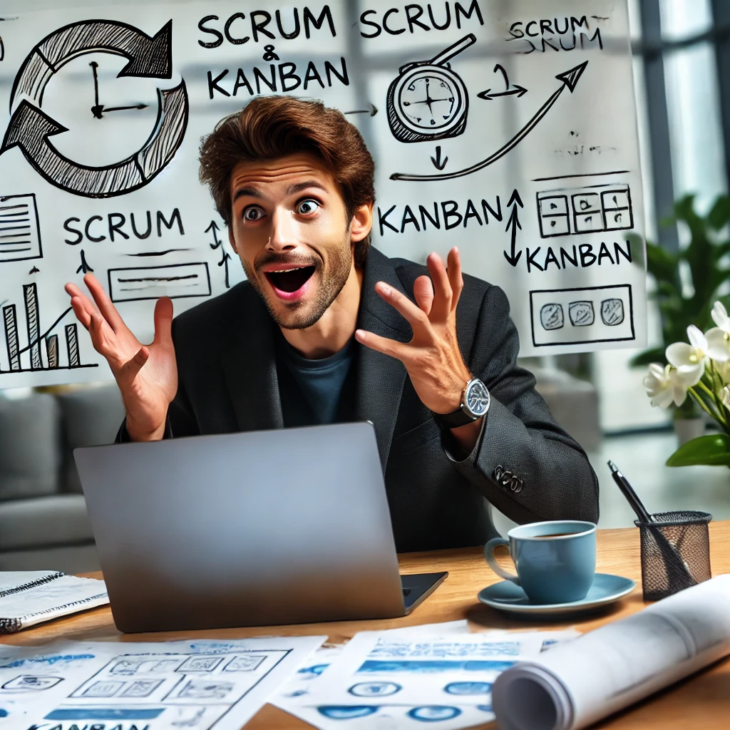 DALL·E 2024-11-01 15.40.40 - A professional scene where a developer enthusiastically researching agile concepts like Scrum and Kanban on a laptop in a modern office. The expressio.png