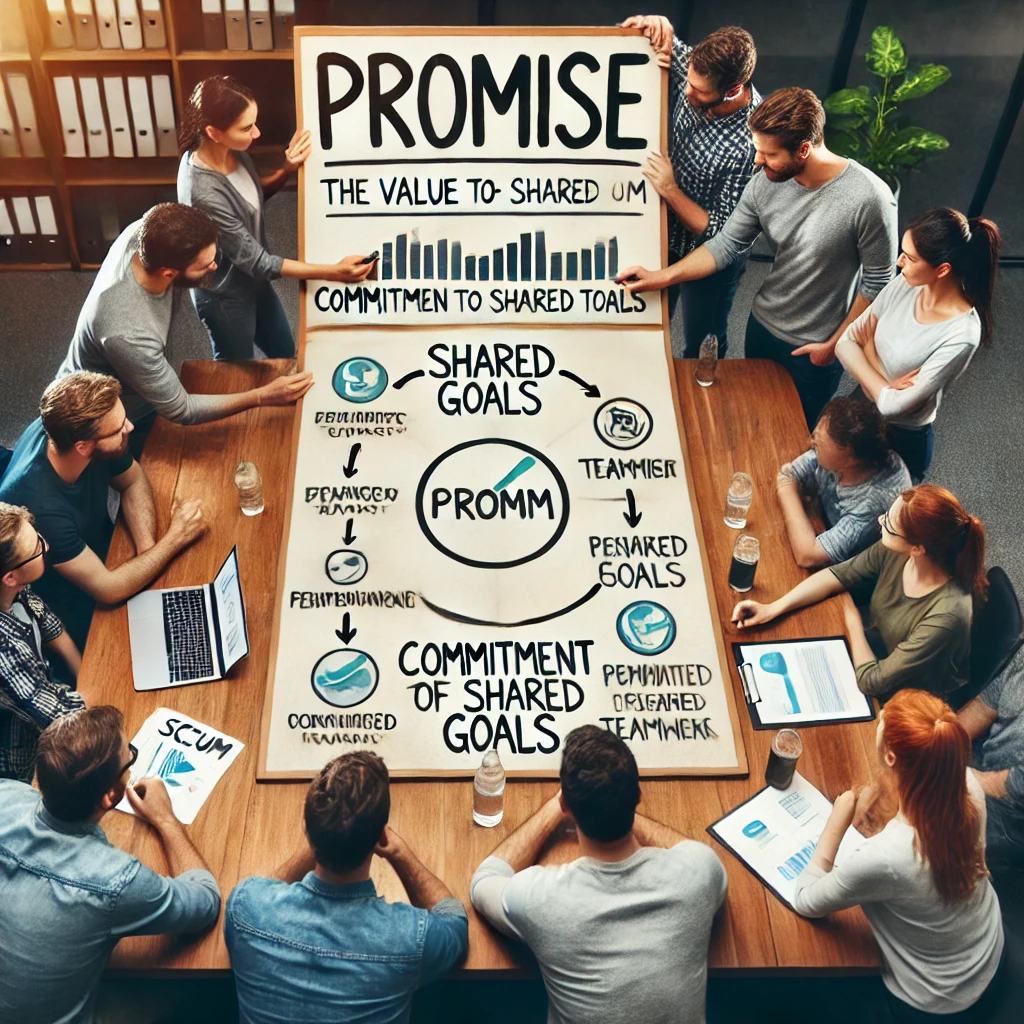 DALL·E 2024-11-01 15.57.22 - A Scrum team gathered around a board, showing commitment to shared goals, symbolizing the value of 'Promise' in Scrum. The board highlights shared goa.png