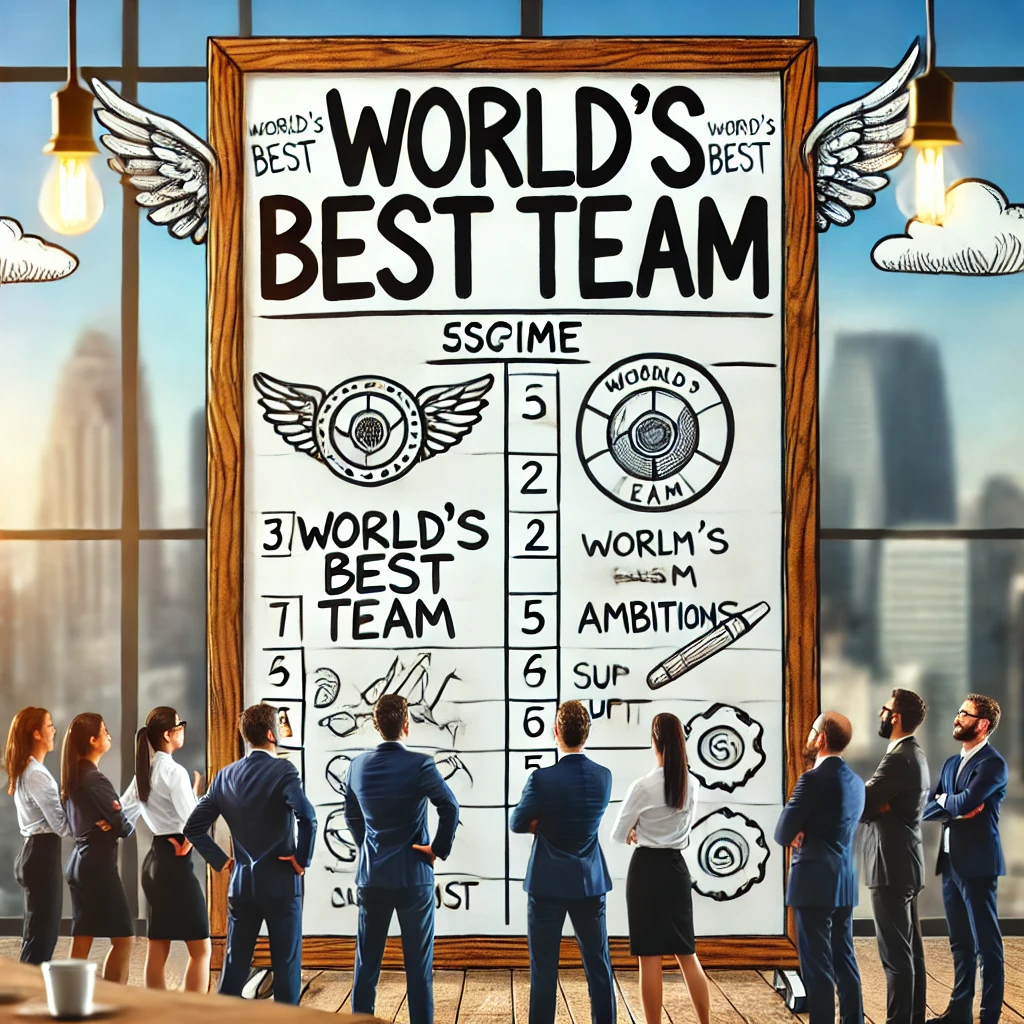 DALL·E 2024-11-01 15.44.52 - A Scrum board with the slogan 'World's Best Team' written on it, symbolizing team motivation and high ambitions. The background includes motivated tea.png