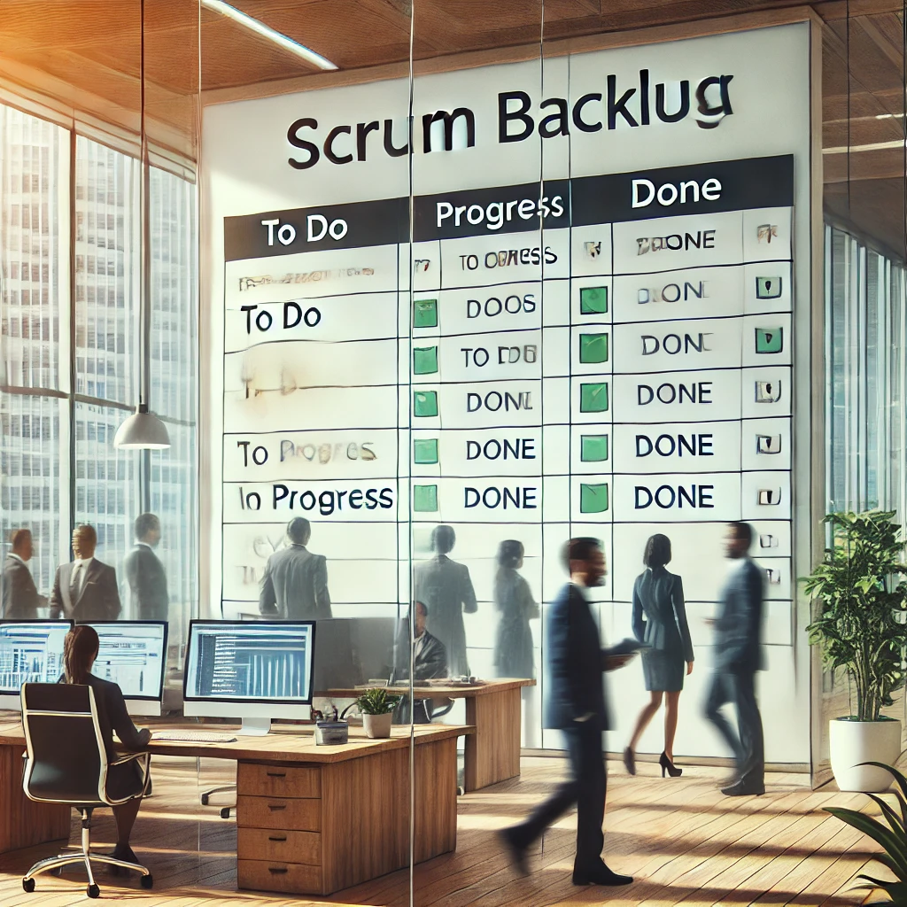 DALL·E 2024-11-03 11.18.45 - A modern office setting with a visible whiteboard showcasing Scrum backlog tasks, including different stages such as 'To Do', 'In Progress', and 'Done.png