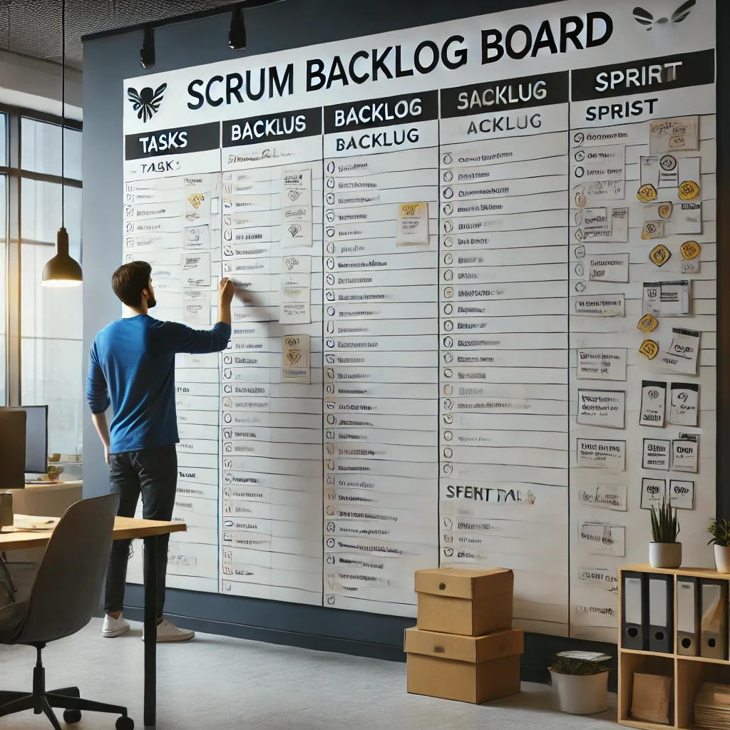 DALL·E 2024-11-01 15.44.17 - A team member setting up a Scrum backlog board on the wall in an office, preparing for a Scrum meeting. The board is large and has sections for tasks,.png