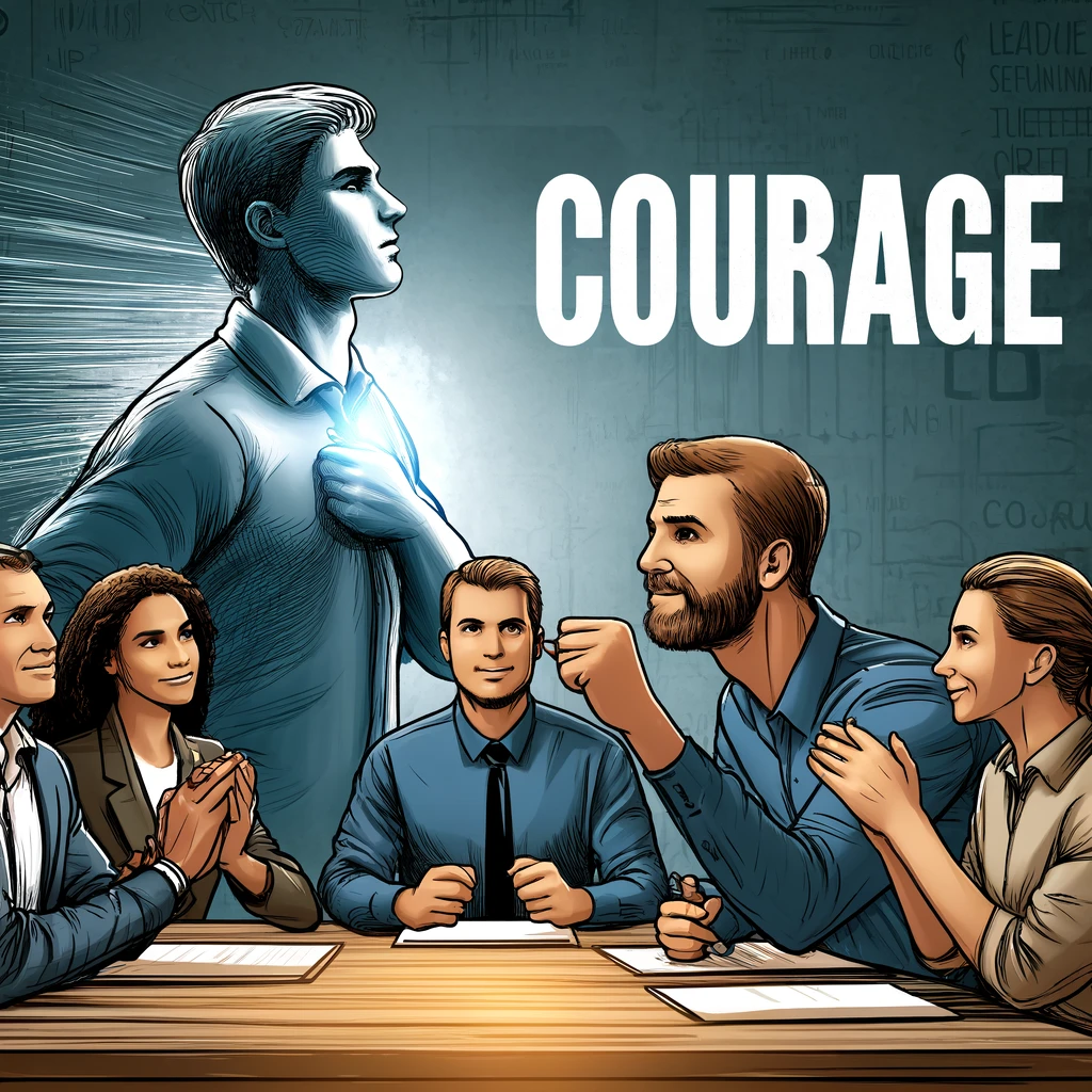 DALL·E 2024-11-01 16.01.15 - A Scrum team member courageously sharing an idea during a team meeting, symbolizing the value of 'Courage' in Scrum. The scene shows openness and enco.png