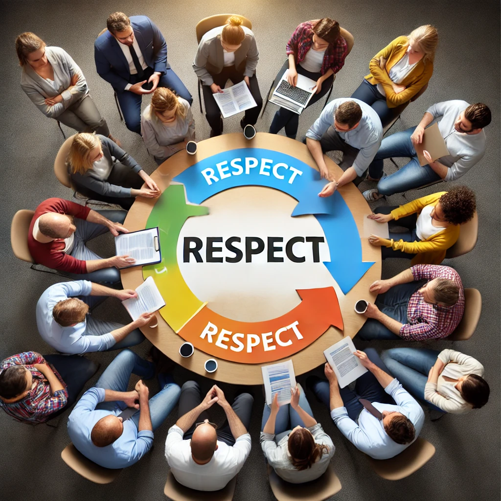 DALL·E 2024-11-01 15.57.29 - A Scrum team gathered with respectful communication, symbolizing the value of 'Respect' in Scrum. Team members of different experience levels are enga.png