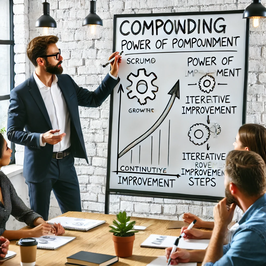 DALL·E 2024-11-01 15.44.37 - A Scrum Master explaining the concept of compound growth and continuous improvement to the team, emphasizing the 'power of compounding' in a professio.png