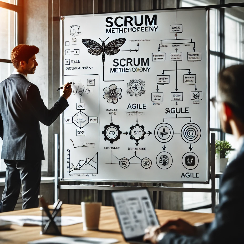 DALL·E 2024-10-29 15.19.35 - A professional discussing Scrum methodology in a meeting room, using a whiteboard to explain agile concepts. The scene captures a moment of collaborat.png