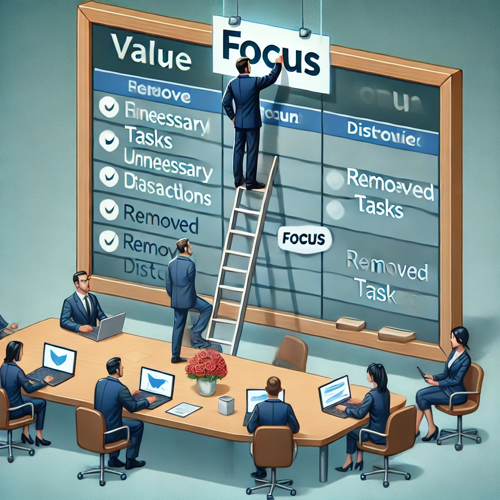 DALL·E 2024-11-01 15.57.26 - A focused Scrum team removing unnecessary tasks and distractions to symbolize the value of 'Focus' in Scrum. The team is working efficiently with a st.png