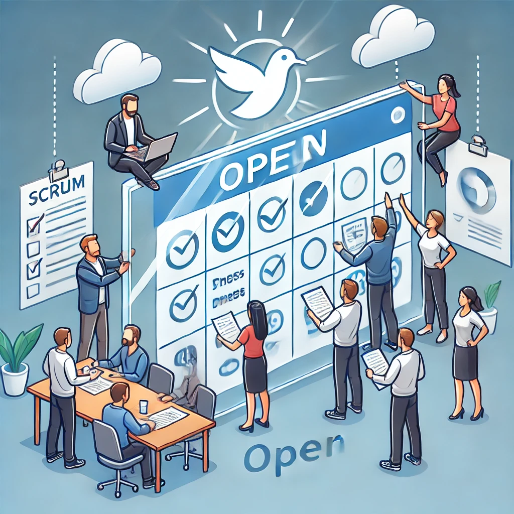 DALL·E 2024-11-01 15.57.27 - A Scrum team collaborating openly with a transparent board, symbolizing the value of 'Openness' in Scrum. The board and team interactions display tran.png