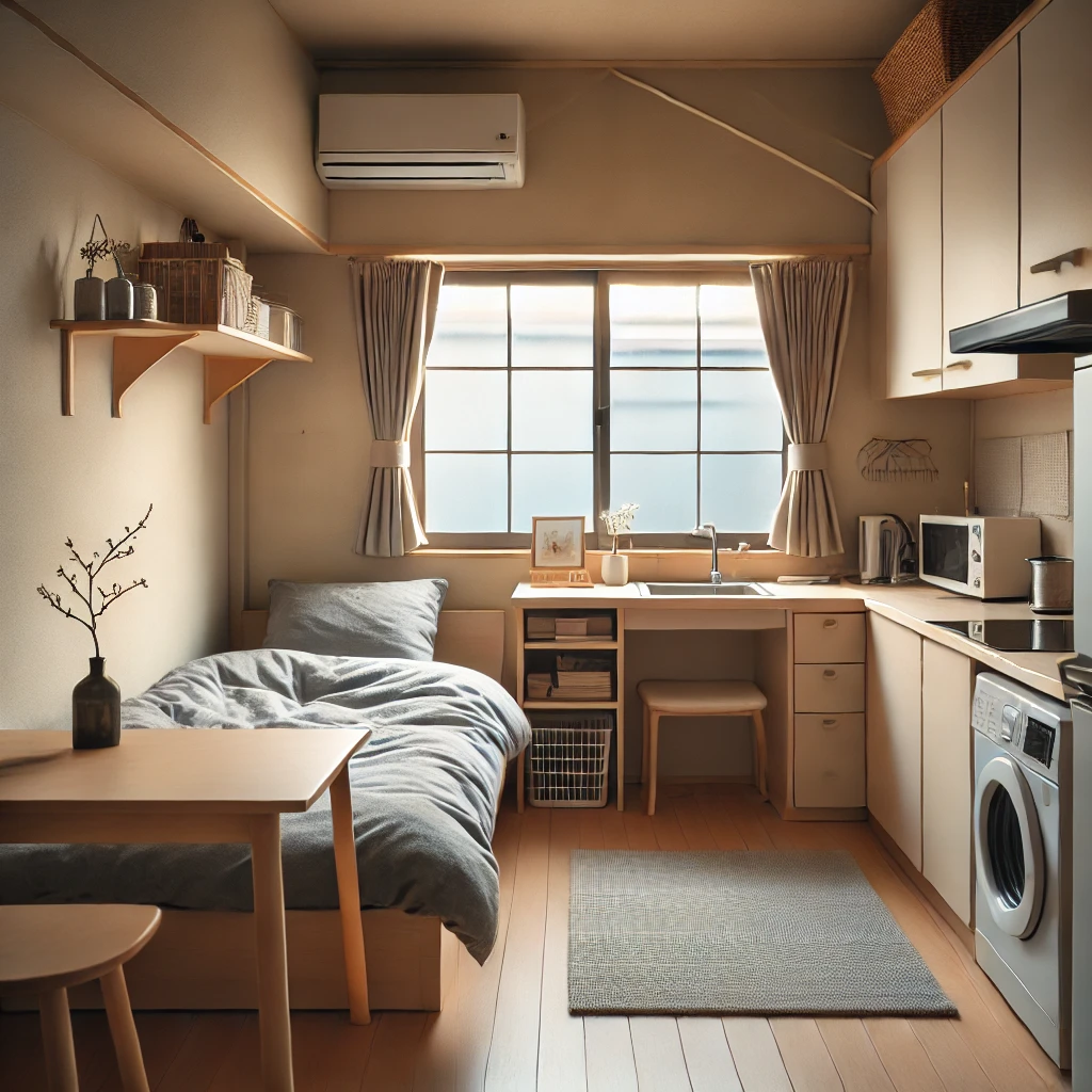 DALL·E 2024-10-29 15.05.58 - A cozy, minimalist Japanese apartment room with a single bed, desk, and small kitchen, capturing the simplicity and charm of a new life in Japan. The .png