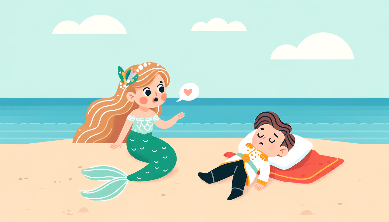 DALL·E 2024-05-13 17.26.35 - A flat illustration for a children's book featuring simple cartoon characters. The scene shows the Little Mermaid sitting on a beach%2C looking worriedl_waifu2x_art_noise3_scale.png