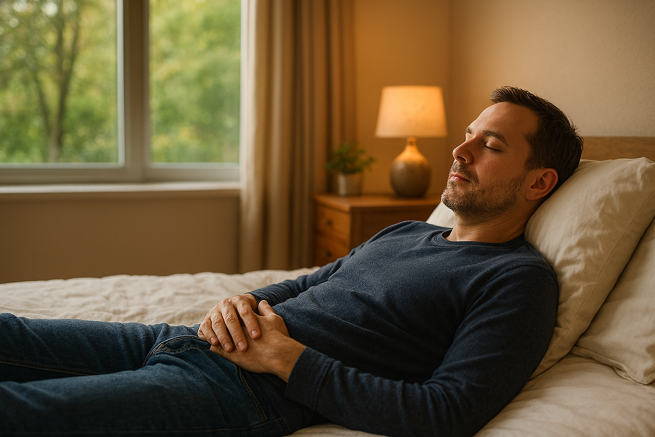 거실 침대에 편안하게 눈을 감고 누워.png