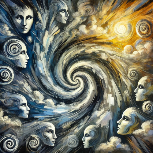 DALL·E 2024-12-16 12.50.13 - An abstract-style image representing inner turmoil and conflicting emotions. The artwork features swirling, fragmented shapes symbolizing confusio.png
