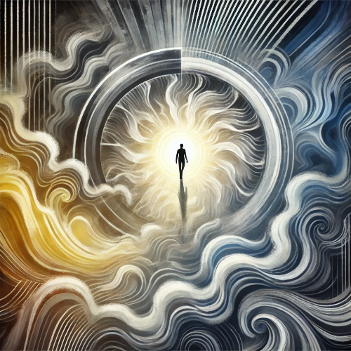DALL·E 2024-12-16 12.51.22 - An abstract-style image representing self-discovery and overcoming fear. The composition features a figure stepping into a glowing circle of light.png