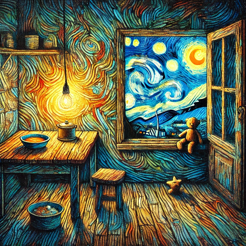 DALL·E 2024-12-16 12.39.19 - A symbolic image representing childhood poverty and fleeting moments of happiness in Vincent van Gogh's style. The scene shows a small, dimly lit .png