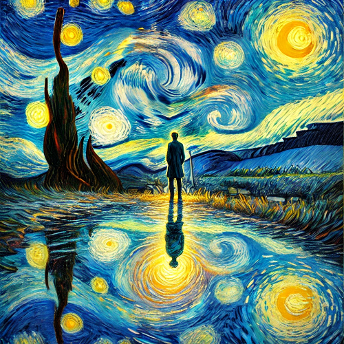DALL·E 2024-12-16 12.40.29 - A symbolic image in Vincent van Gogh's style representing self-reflection and hope. The scene shows a person standing at the edge of a calm, refle.png