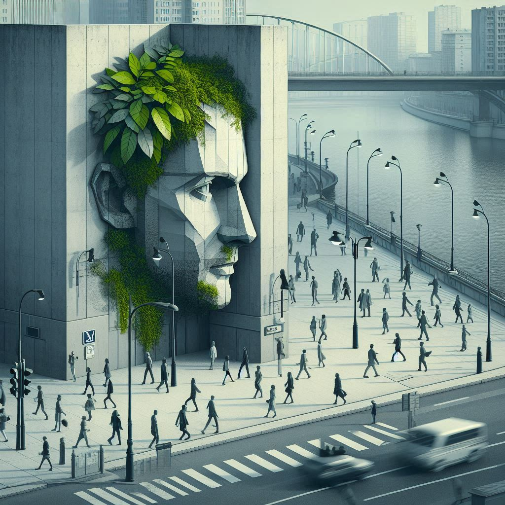 안토닌, 콘크리트 색의 도시, 바쁜 사람들의 걸음거리, 회색 빛의 얼굴들, 가로등이 켜진 모퉁이, 콘크리트색 담벼락, 초록 잎, 강 너머 불빛들, 초록 요소 추가, 현실적인 스타일.png