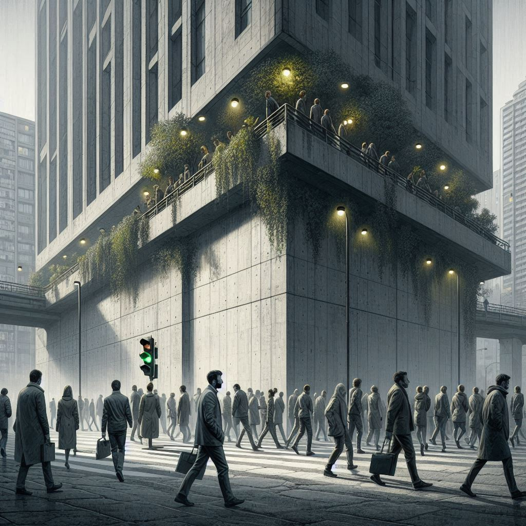 안토닌, 콘크리트 색의 도시, 바쁜 사람들의 걸음거리, 회색 빛의 얼굴들, 가로등이 켜진 모퉁이, 콘크리트색 담벼락, 초록 잎, 강 너머 불빛들, 현실적인 스타일.png