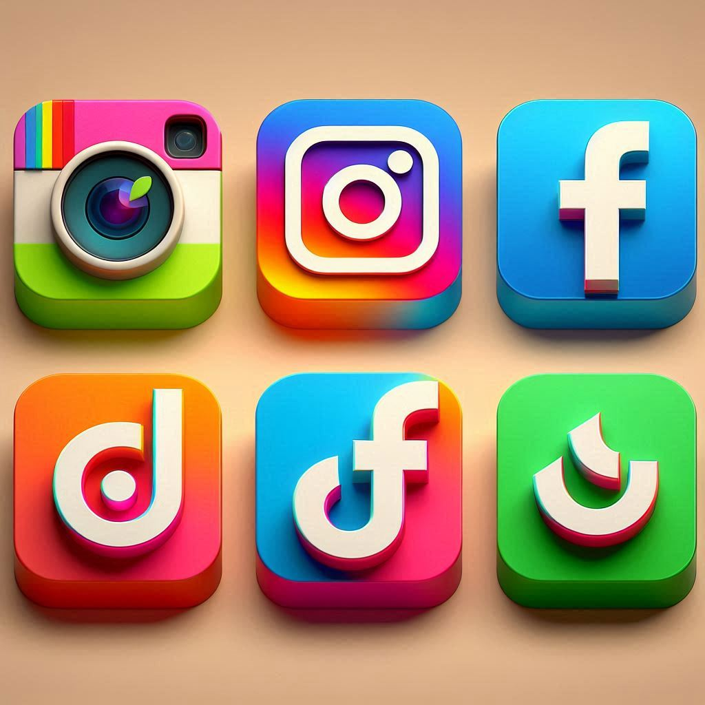 3D realistic, bright-colored logos of Instagram, TikTok, Facebook, and LinkedIn arranged in two rows.png
