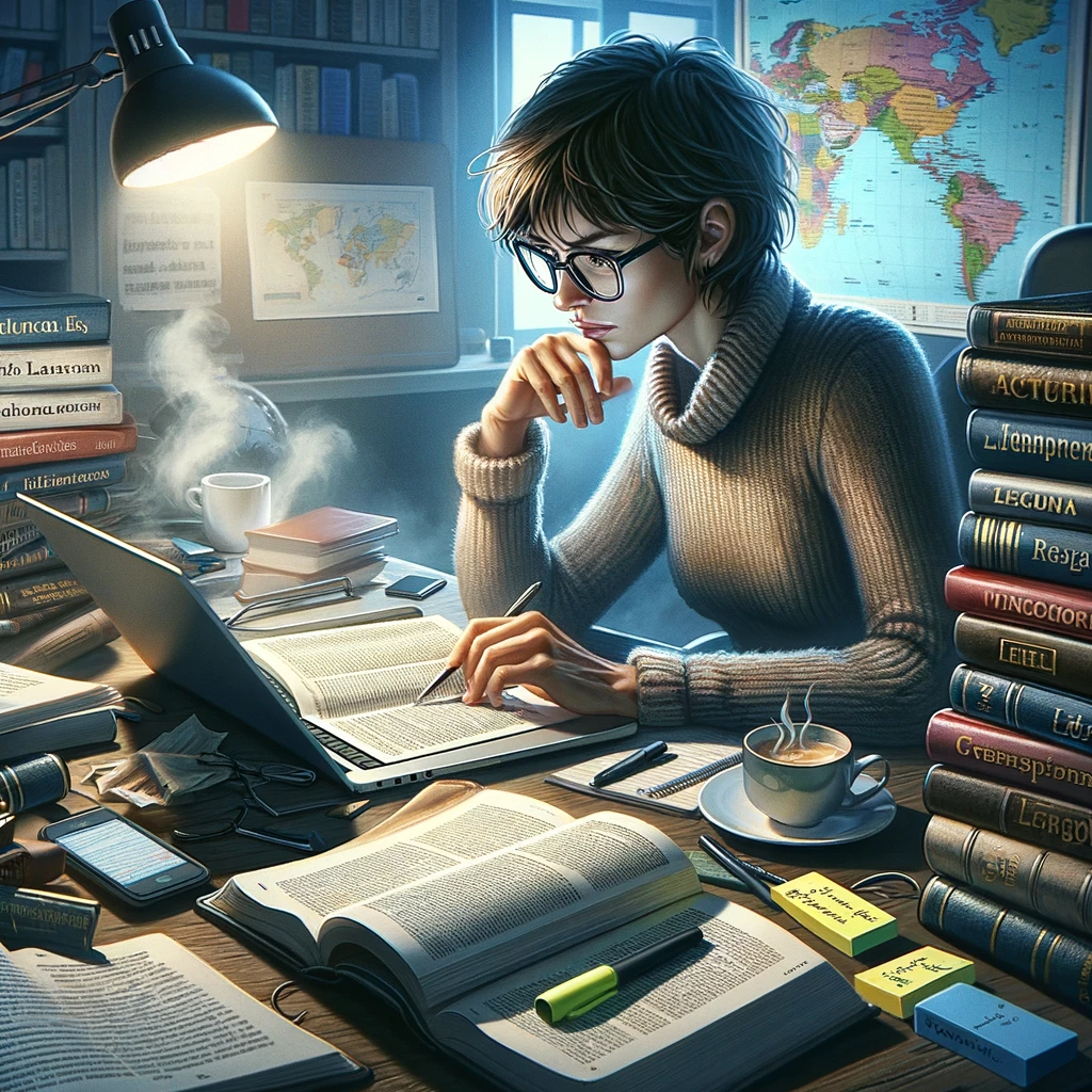 DALL·E 2024-01-08 09.26.14 - A scene depicting a person sitting at a desk, deeply focused on translating a text from one language to another. The desk is cluttered with dictionari.png