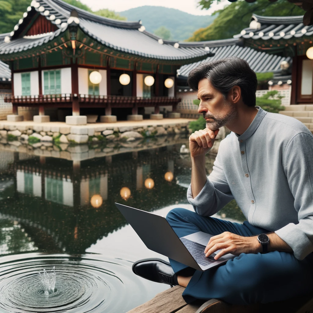 DALL·E 2023-10-19 09.08.02 - Photo of a middle-aged Korean man in his 40s sitting by a traditional Korean pond in a peaceful Hanok garden, observing the ripples in the water, lost.png