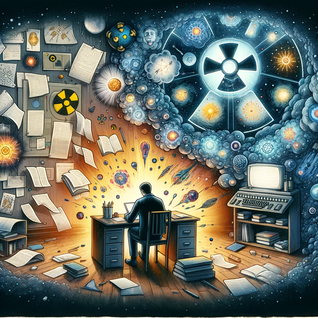 DALL·E 2023-12-28 11.51.29 - An illustration depicting the metaphorical connection between writing and radioactivity, as described by someone who loves reading and writing. The sc.png