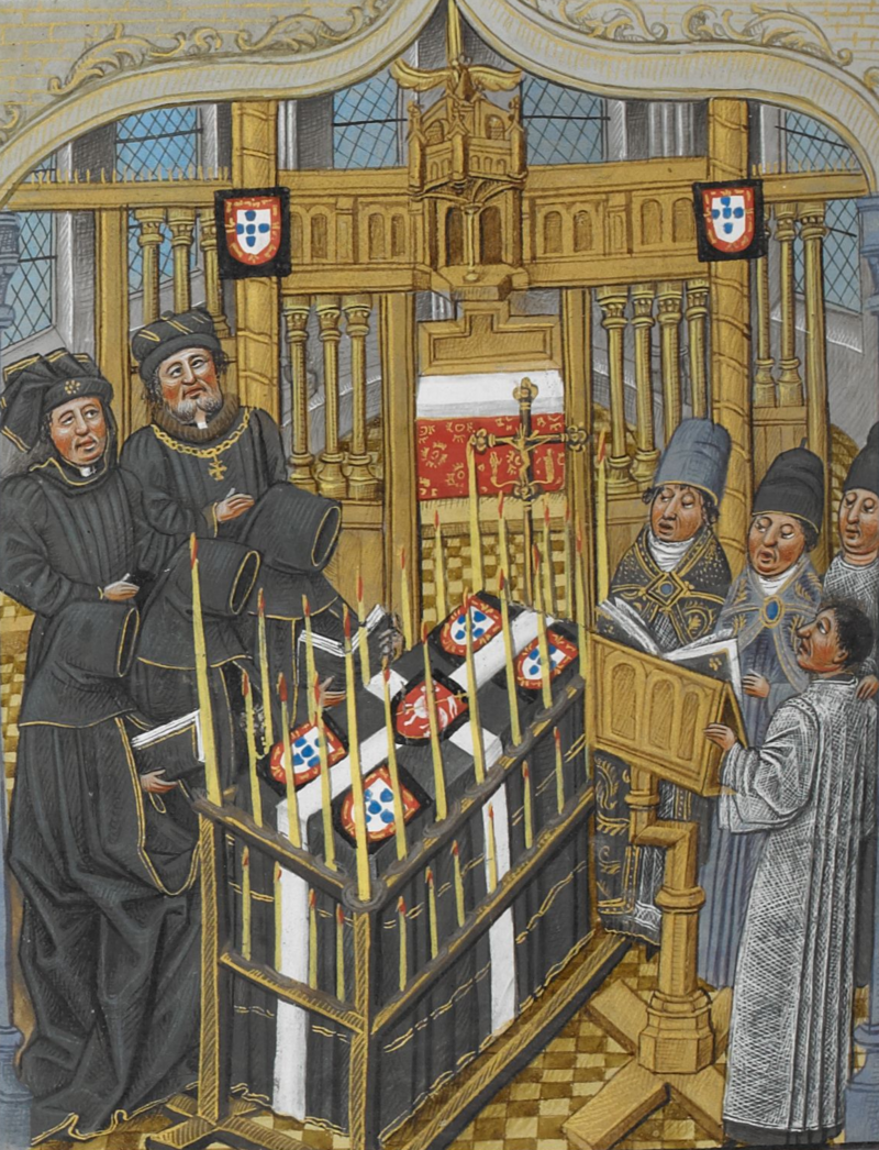 Chapelle_Ardente_of_the_King_of_Portugal,_with_hatchments_-_Chronique_d'_Angleterre_(Volume_III)_(late_15th_C),_f.217v_-_BL_Royal_MS_14_E_IV.png