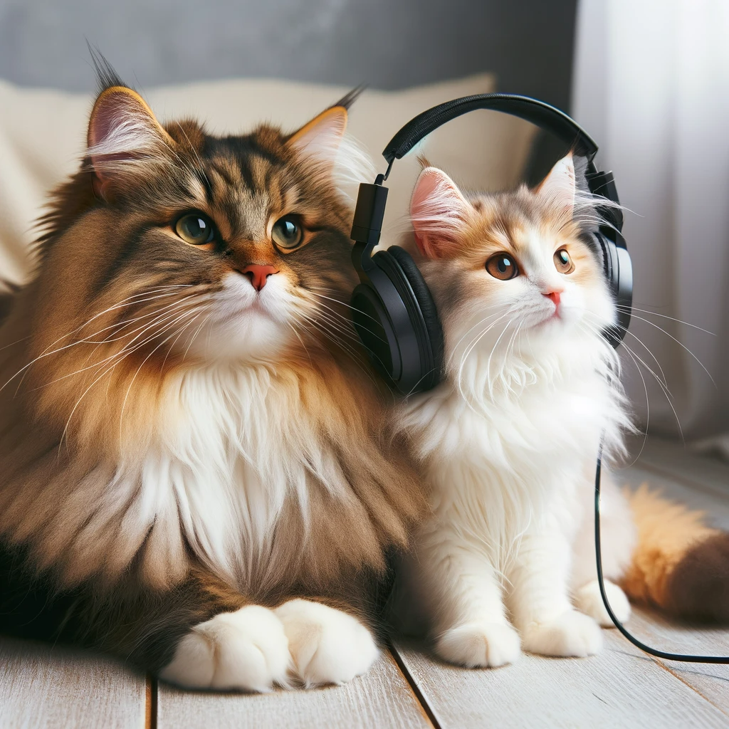 DALL·E 2024-01-04 23.27.44 - Two cats enjoying music together. One is a large Norwegian Forest Cat, known for its long, thick fur and bushy tail, and the other is a small Turkish .png