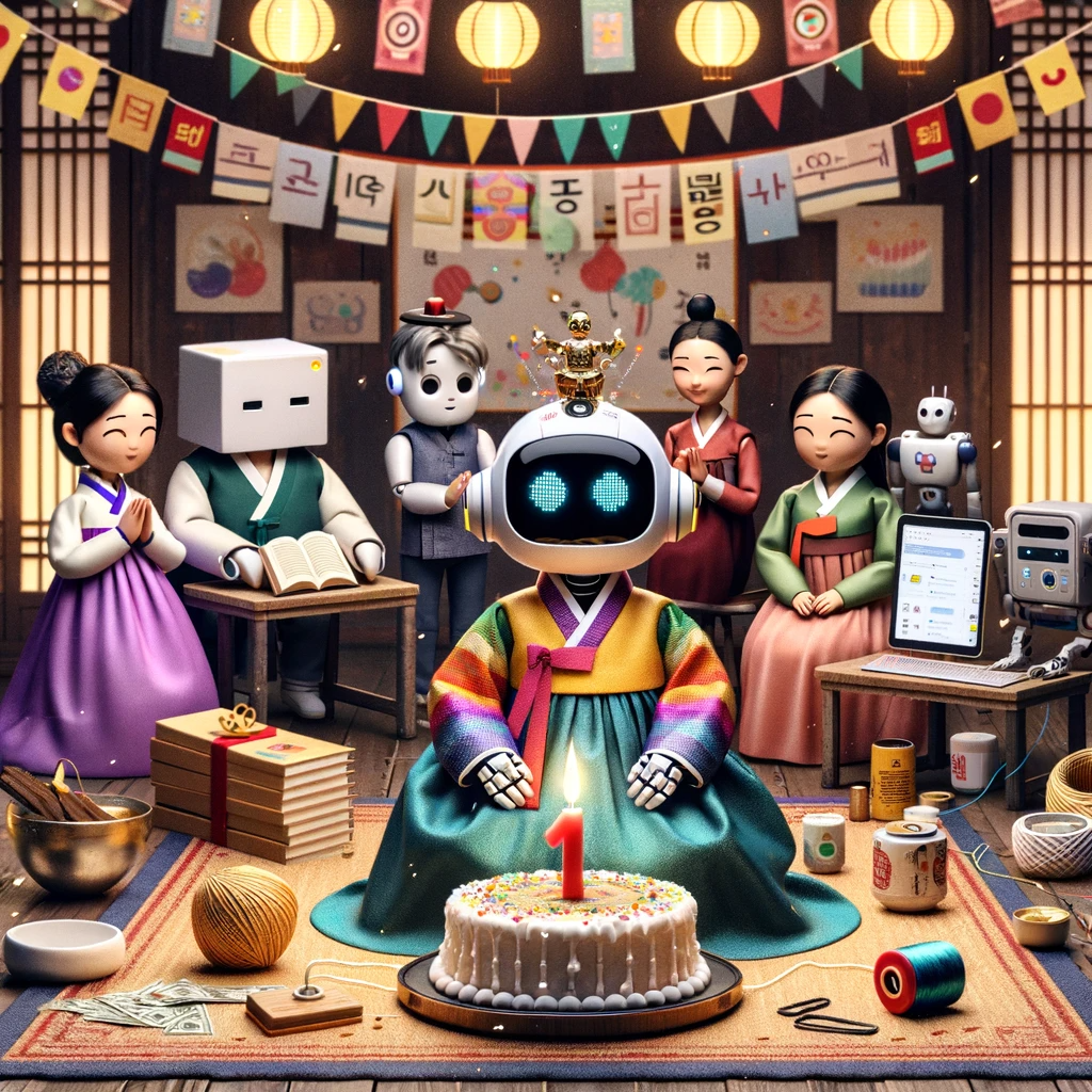 DALL·E 2023-11-30 23.18.44 - A unique scene depicting ChatGPT celebrating its first birthday with a Doljabi ceremony, a traditional Korean first birthday celebration. Instead of a.png