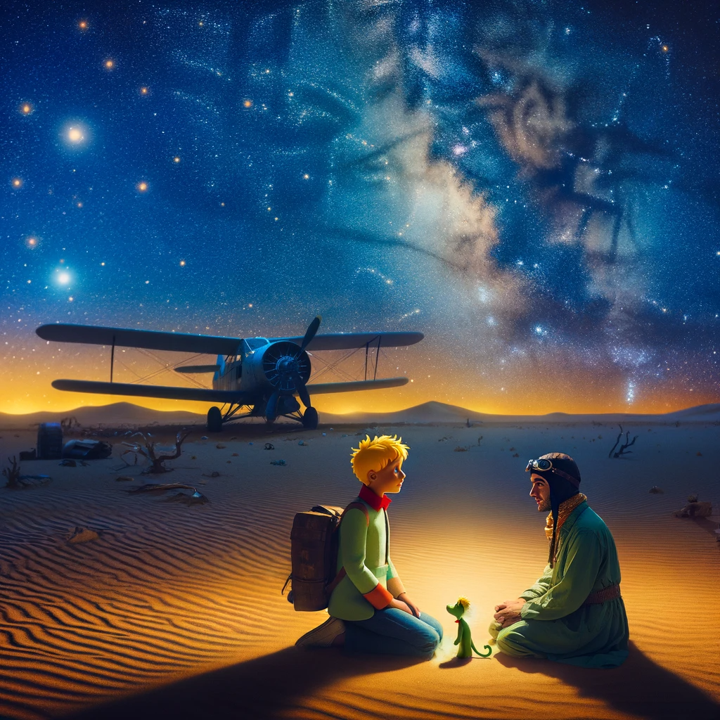 DALL·E 2023-11-18 21.14.40 - The Little Prince on Earth, in a vast desert under a starry sky. He's meeting a stranded aviator, both characters engaged in conversation beside the a.png