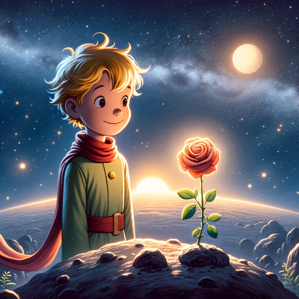 DALL·E 2023-11-18 21.14.36 - A heartwarming image of the Little Prince returning to his asteroid, reuniting with his beloved rose. The Prince, with a gentle smile, looks at the ro.png