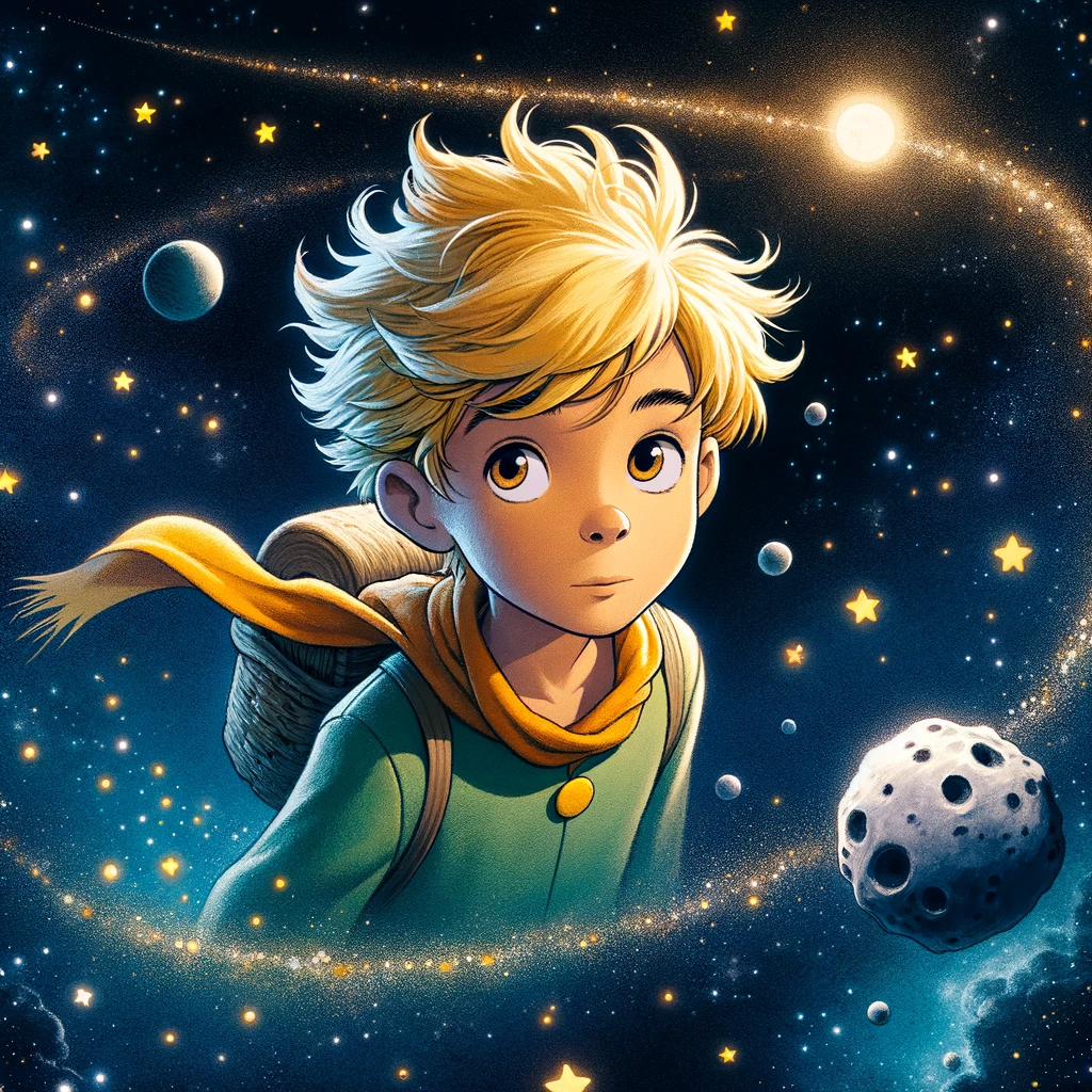 DALL·E 2023-11-18 21.14.45 - The Little Prince embarks on a cosmic journey, depicted as a young boy with golden hair, floating through space. He's surrounded by stars and planets,.png